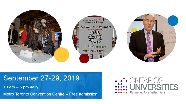 OntUniv's tweet photo. Join more than 130,000 students, parents and educators to learn all about Ontario's 21 universities September 27-29th at the Ontario Universities' Fair &amp; make sure to check out the @OntUniv booth! To learn more about the event visit https://t.co/T81FbTpw9K #OUF2019 #BackToSchool https://t.co/hK8NzDRhfA