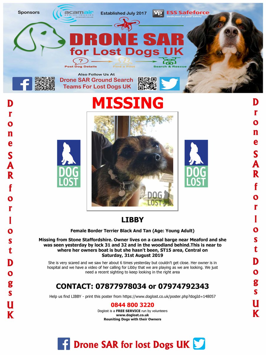 sar_dogs's tweet photo. #LostDog #Alert LIBBY
Female Border Terrier Black And Tan (Age: Young Adult)
Missing from Stone Staffordshire. Owner lives on a canal barge near Meaford , ST15 area, Central on Saturday, 31st August 2019  #DroneSAR  #MissingDog  https://t.co/brtwq5Y8su https://t.co/0Bs8QEuDZG