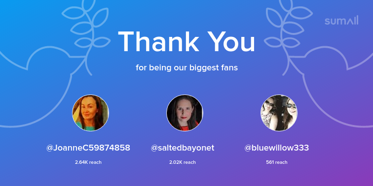 ComMc98gmail1's tweet photo. Our biggest fans this week: JoanneC59874858, saltedbayonet, bluewillow333. Thank you! via https://t.co/fKF8AyzC6a https://t.co/kM0YN9uy6O