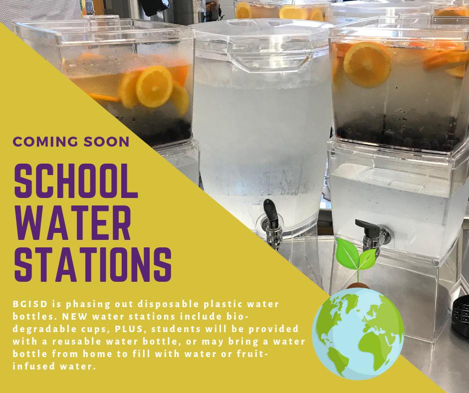 BGISD's tweet photo. BGISD is phasing out disposable plastic water bottles in school cafeterias. NEW water stations include biodegradable cups, plus, students will soon be provided a reusable water bottle, or may bring a water bottle from home. @DallaEmerson https://t.co/6DiZwyZaHW