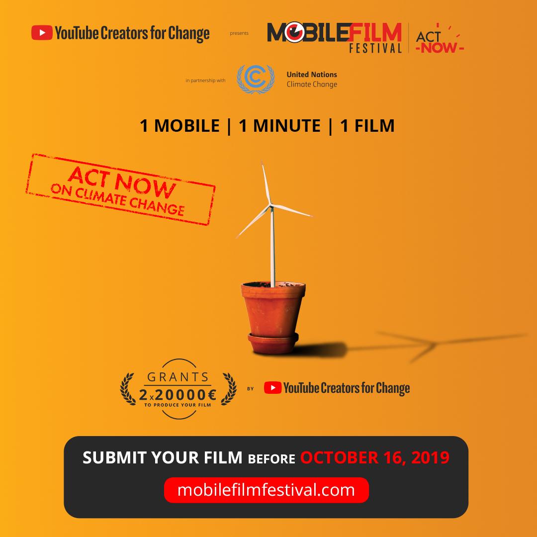 CMNUCC's tweet photo. Si tuvieras 

1 teléfono 📱 
1 minuto ⏱️
1 película 📽️ 

¿Cómo mostrarías al mundo que hay que #ActuarAhora ante el #CambioClimático? 

¿Aceptas el reto? Envía tu contribución al @MobileFilmFest. Tienes hasta el 16 de octubre. 

#AcciónClimática https://t.co/ZZ2DxQ7M7v