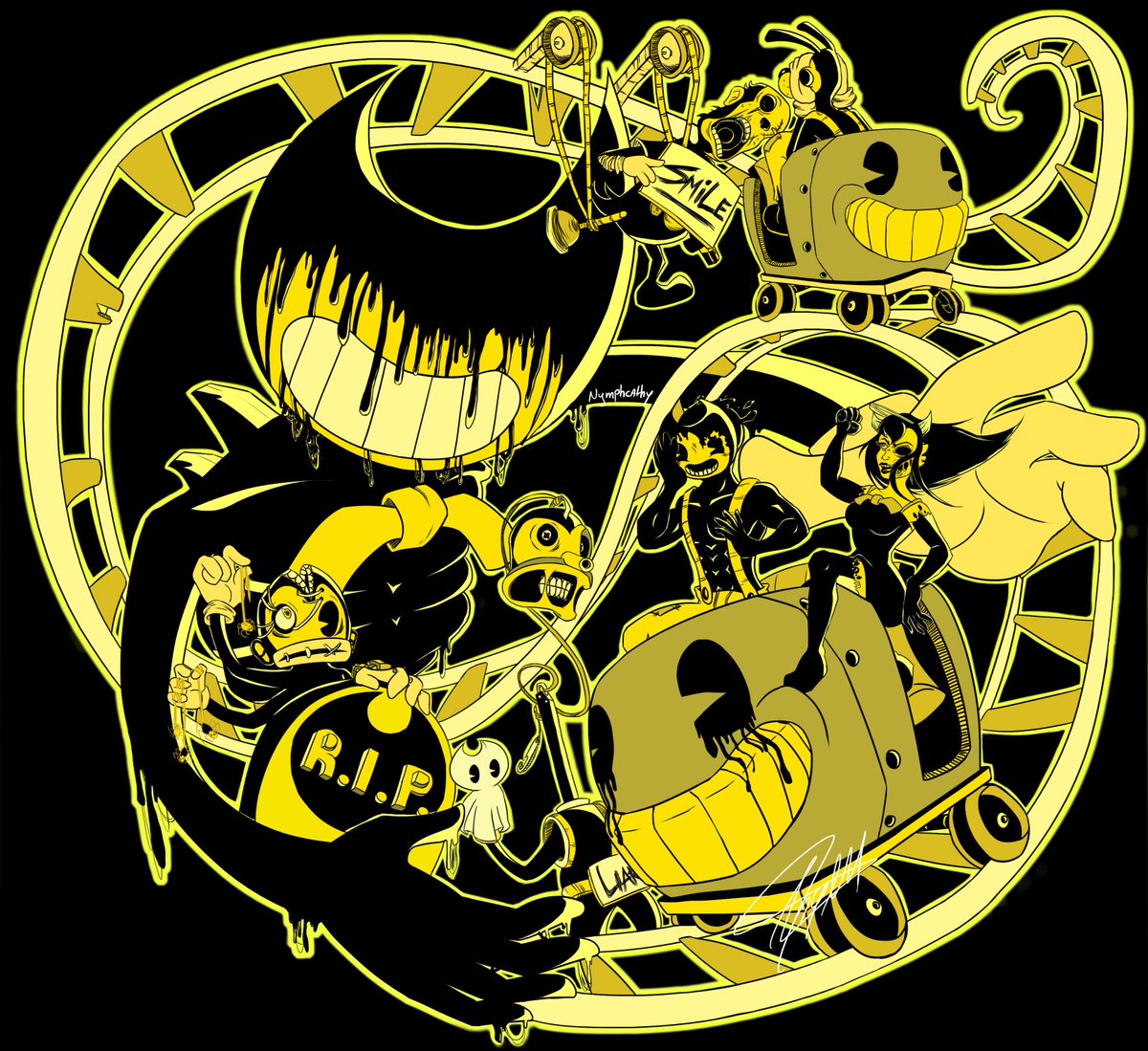 nymphcathy's tweet photo. here's my entry for the #Bendy #FanBuilt #FanArt #ArtContest #TshirtDesign !!
I submitted the PNG image with the transparant background but wanted to add the JPEG version with the black BG here as well https://t.co/AAo4GNKq4m