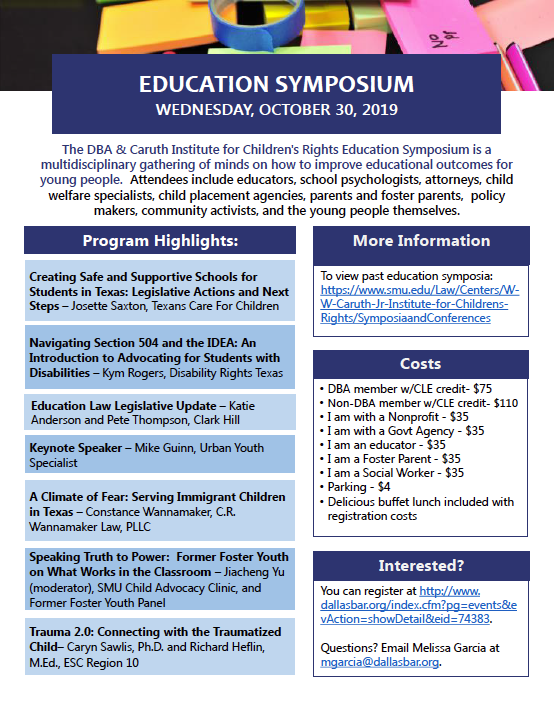 QuinnInR10's tweet photo. Are you interested in improving the lives of children through advocacy? Then join me on October 30, 2019 at the #BeloMansion for an Education Symposium!  See the flyer for more information.  #R10Serves #R10Collaborates #SMU #DallasBarAssociation https://t.co/D4PeK0x1fg