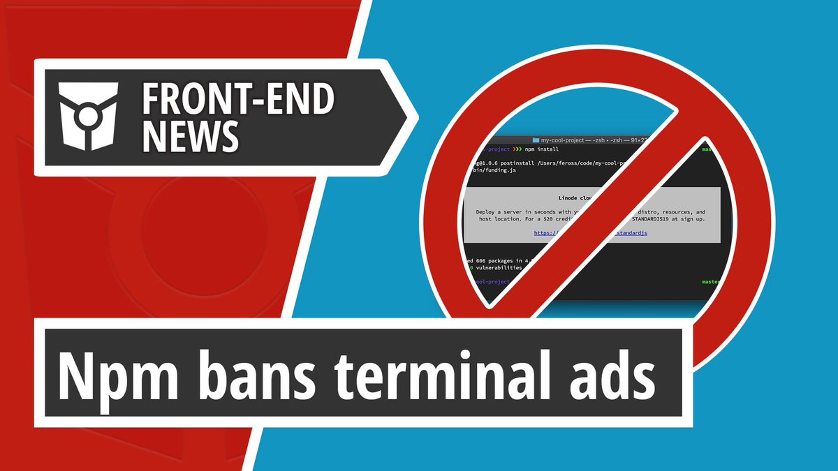 frontendnexus's tweet photo. #FrontEndNews ep.16:
- @npmjs bans terminal ads
- @cbeard leaves @mozilla
- Releases: @typescript 3.6, @Dojo 6, @StandardJS 14.1.0, @reactnative 0.61.0-rc.0 and @feathersjs v4
Featuring @vlh as #DeveloperOfTheWeek
View on YouTube at https://t.co/6JQWyKgWPV https://t.co/HN19D7PkiE