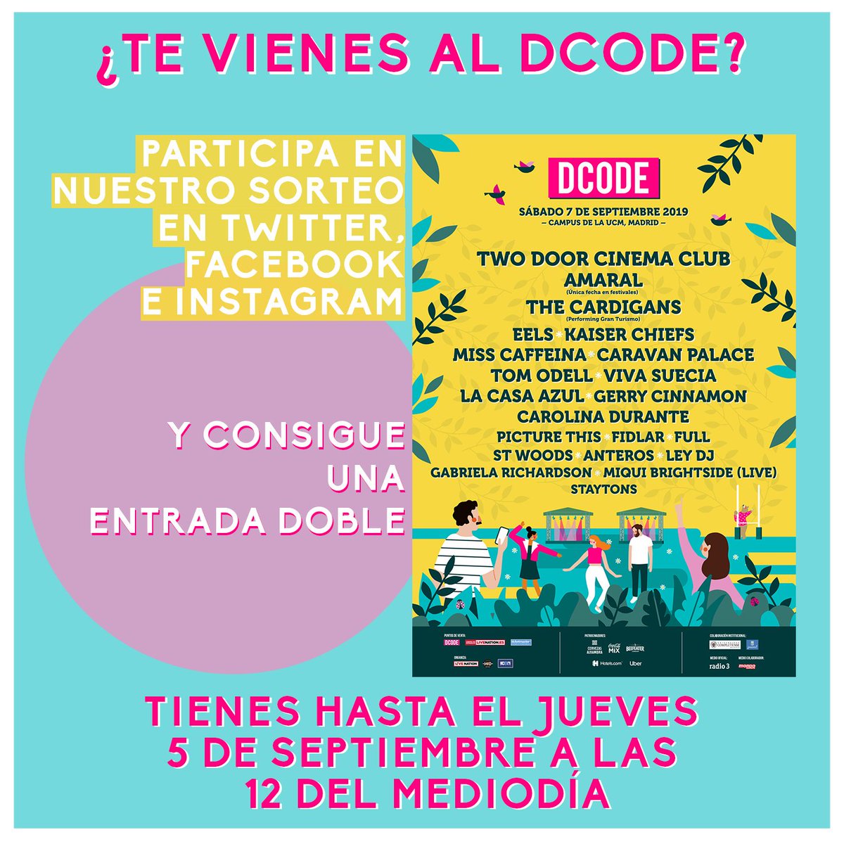 culturacomplu's tweet photo. ¡Comenzamos el curso con un SORTEO!🎇
🎶¿Te gustaría ir al @dcodefest? 

👉Para participar síguenos y menciona en esta publicación a la persona con la que te gustaría asistir

¡También puedes participar a través de Instagram y Facebook para tener más oportunidades! https://t.co/DtjMvSLKju