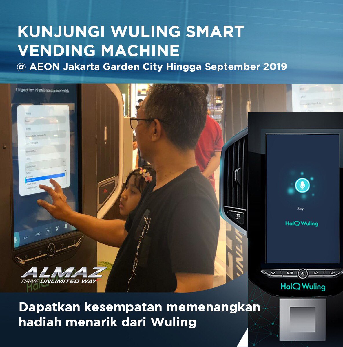 WulingMotorsID's tweet photo. Bagi Anda yang sedang berada di area Jakarta, yuk kunjungi Wuling Smart Vending Machine! Temukan di AEON Jakarta Garden City pada 27 Agustus - 26 September 2019, cukup katakan #HaloWuling ketika Anda menemukan #WulingSmartVendingMachine untuk berinteraksi. https://t.co/u8VfNA6HXg