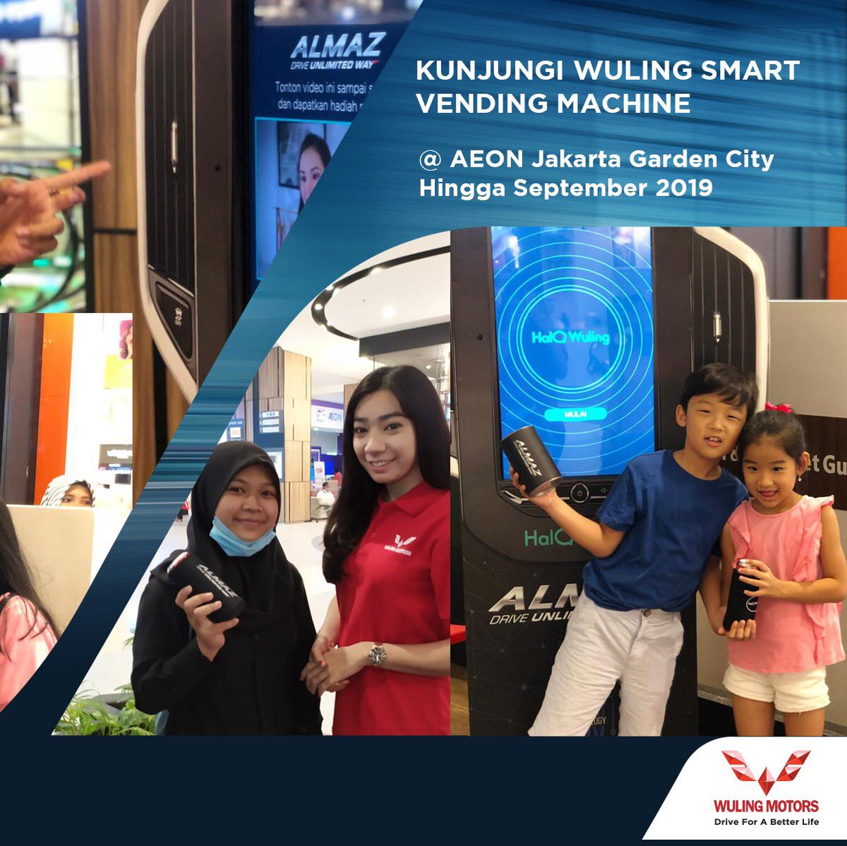 WulingMotorsID's tweet photo. Bagi Anda yang sedang berada di area Jakarta, yuk kunjungi Wuling Smart Vending Machine! Temukan di AEON Jakarta Garden City pada 27 Agustus - 26 September 2019, cukup katakan #HaloWuling ketika Anda menemukan #WulingSmartVendingMachine untuk berinteraksi. https://t.co/u8VfNA6HXg