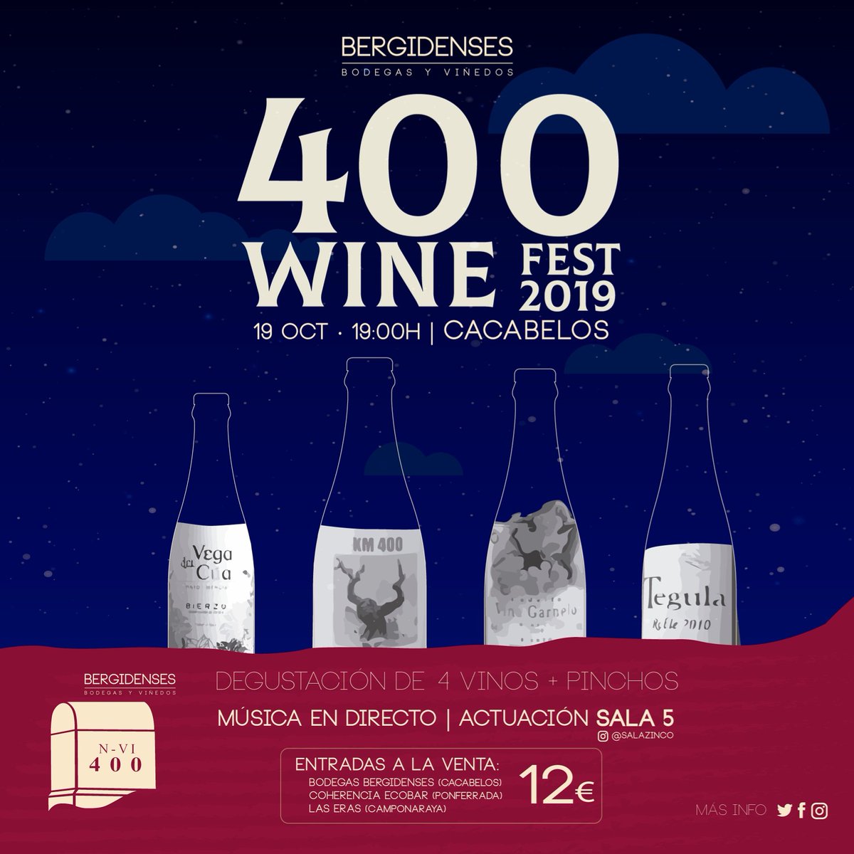 bergidenses's tweet photo. 💣 El 19 de Octubre a las 19 horas tendrá lugar el #400WineFest ‼️‼️

📢 Degustación de 4 #vinos + #pinchos por 12 Euros.

📢 Actuación del grupo @salazinco

📢 Venta de entradas, a partir de esta misma tarde, en Bar Las Eras, Coherencia EcoBar y en nuestra bodega.

Nos vemos? https://t.co/BFO4cSorF8