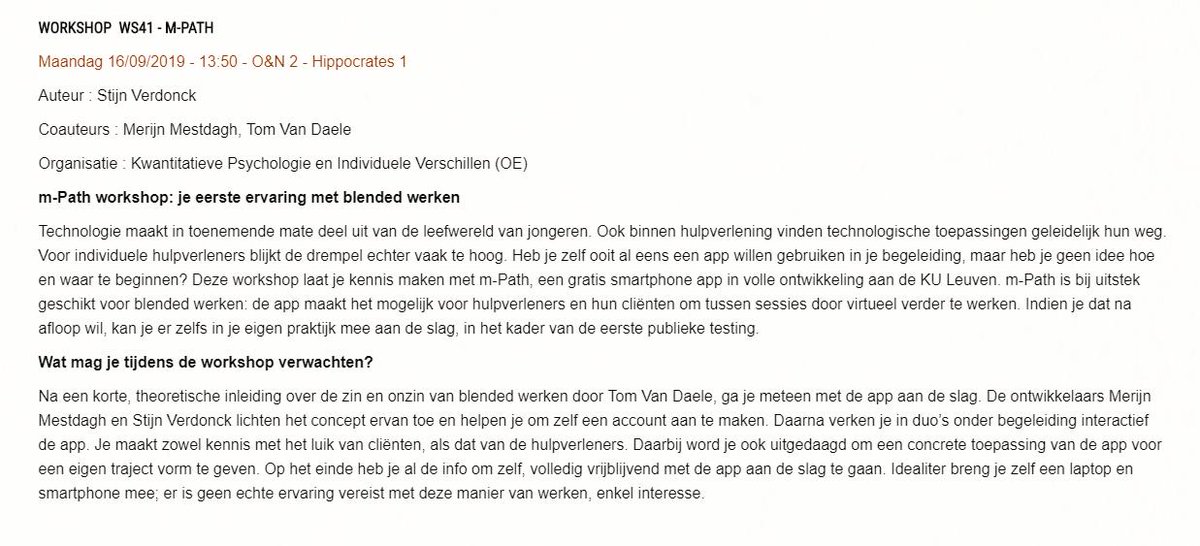 TomVanDaele's tweet photo. Neem je op 16/9 deel aan het Vlaams congres kinder- en jeugdpsychiatrie en -psychotherapie? Volg in de namiddag dan zeker de m-Path workshop v #StijnVerdonck @merijn_mestdagh &amp; mezelf voor een eerste ervaring met #blended hulpverlening! #VCKJPP2019 https://t.co/EtCU0WYxxK https://t.co/S2lQxrM8NQ