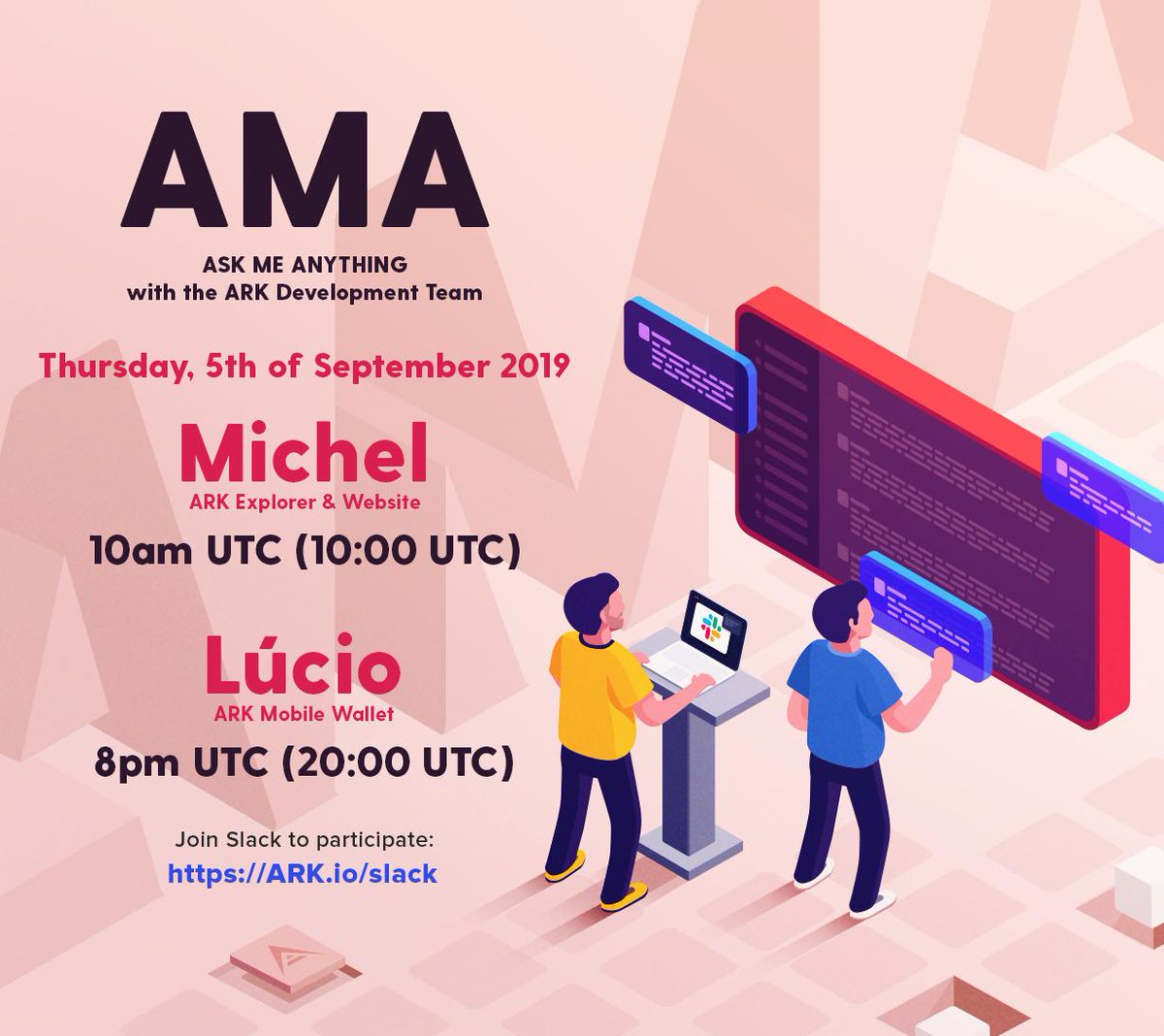 ArkEcosystem's tweet photo. Join the #ARK Slack and ask #questions - Thursday the 5th of September! This week will be about ARK #Explorer &amp; #Website (Michel, 10am UTC) and ARK #Mobile #Wallet (Lucio, 8pm UTC)! #AMA's with $ARK #Development Team.

https://t.co/0JFepU9FKO

#opensource #developers #blockchain https://t.co/V9w2jrXiuN