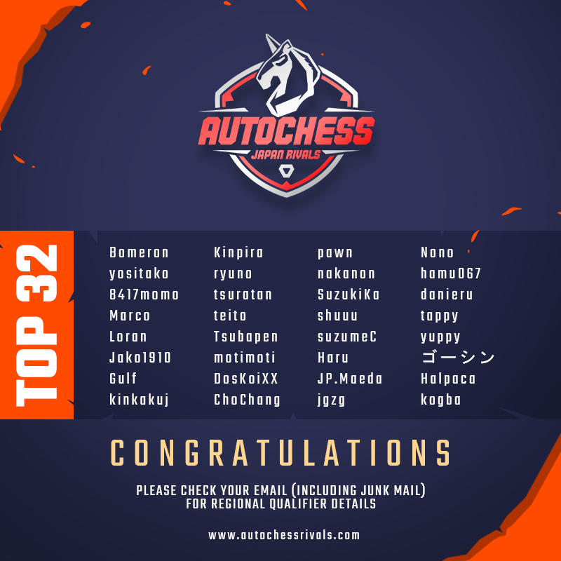 FunEaseOfficial's tweet photo. Here are the 32 qualified players from JAPAN's @autochess2019 APAC Rivals!

Check your emails for details of your first qualifier. Good luck! #AutoChess #APACRivals #ACR #AutoChess2019 https://t.co/DBCYWAXH4x
