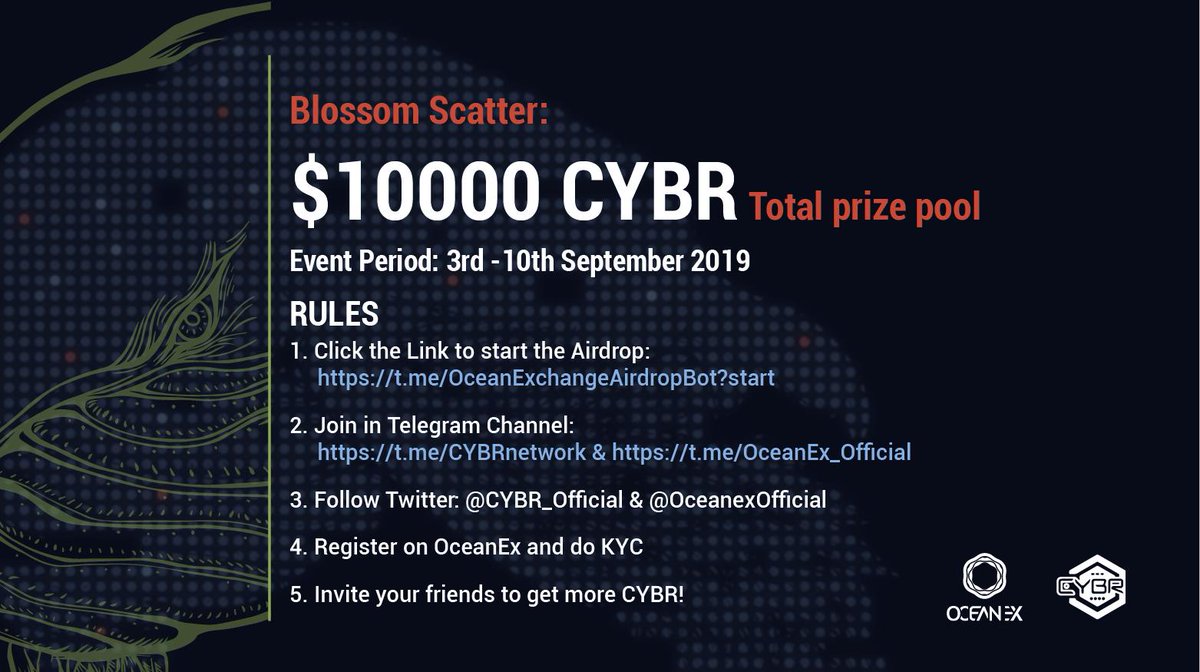 OceanexOfficial's tweet photo. [Campaign] We are thrilled to launch "Blossom Scatter" Airdrop - CYBR SPECIAL! We have prepared $10000 CYBR in total for you! All you need to do is to complete the following simple steps via https://t.co/5OuH3IPs5s      
@CYBR_Official  #cryptocurrency #blockchain #OceanEx https://t.co/Hbkkn6kyAK