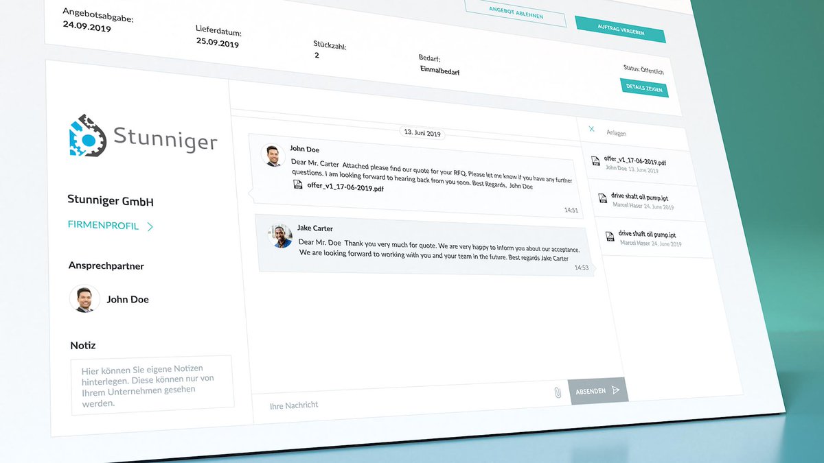 Effizient und komfortabel – Direkt Kommunizieren und Zeit sparen. Echtzeit Kommunikation zwischen CNC-Fertigern und Einkäufern mit dem Messenger. Komfortable Up- und Downloadfunktionen für den Austausch von Dokumenten. Angebote versenden mit nur einem Klick. #orderfox #cnc