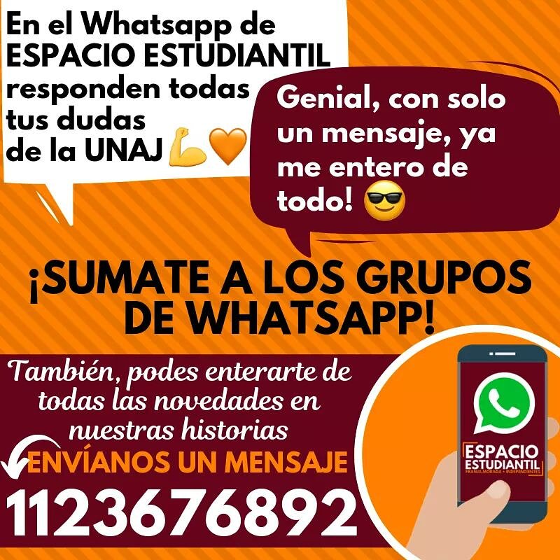 EspacioEstUNAJ's tweet photo. SUMATE A LOS GRUPOS DE WHATSAPP
Sumate a ser parte de los #Grupos de #WhatsApp por INSTITUTO, que hemos creado con el fin de sumar una #Herramienta más de #Comunicación para despejar dudas y hacer difusión de #INFORMACIÓNIMPORTANTE #MaterialDeEstudio, #ClasesDeApoyo y mucho más https://t.co/VIuXkQfdS2