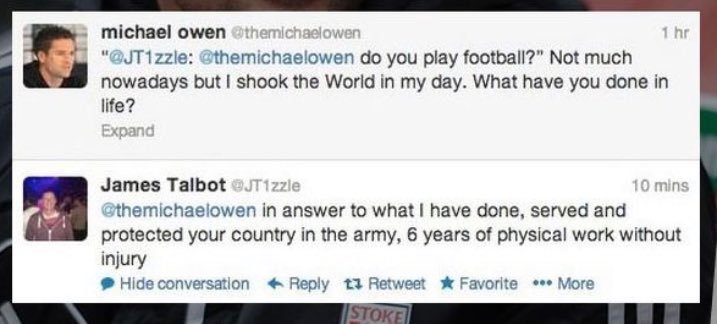 Never forget Michael Owen giving it the big'un to a member of the public over what they'd achieved in their life before getting comprehensively owned by the reply.