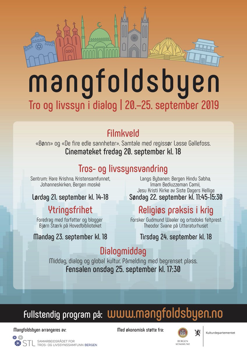 STLBergen's tweet photo. Mangfoldsbyen 2019 går av stabelen 20.9! I seks dager feires tros- og livssynsmangfoldet i Bergen gjennom kulturarrangementer, foredrag og dialog. https://t.co/t4cR33QGz8
