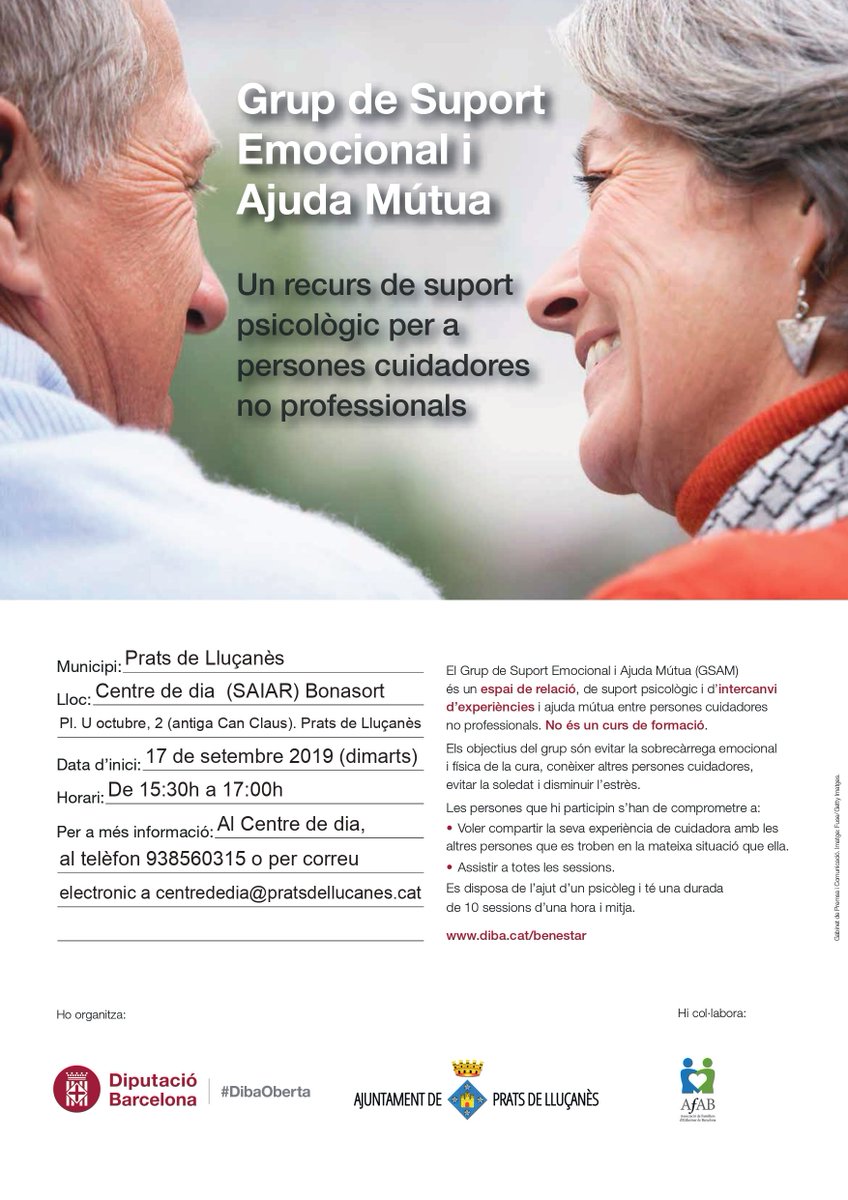 pratsdellucanes's tweet photo. Evitar la sobrecàrrega emocional i física i intercanviar experiències entre persones cuidadores no professionals són alguns dels objectius del grup de suport emocional i Ajuda Mútua del Centre de Dia de #PratsdeLluçanès. 

Les trobades començaran el 17 de setembre, t'hi animes❓ https://t.co/WcfD09cVqR