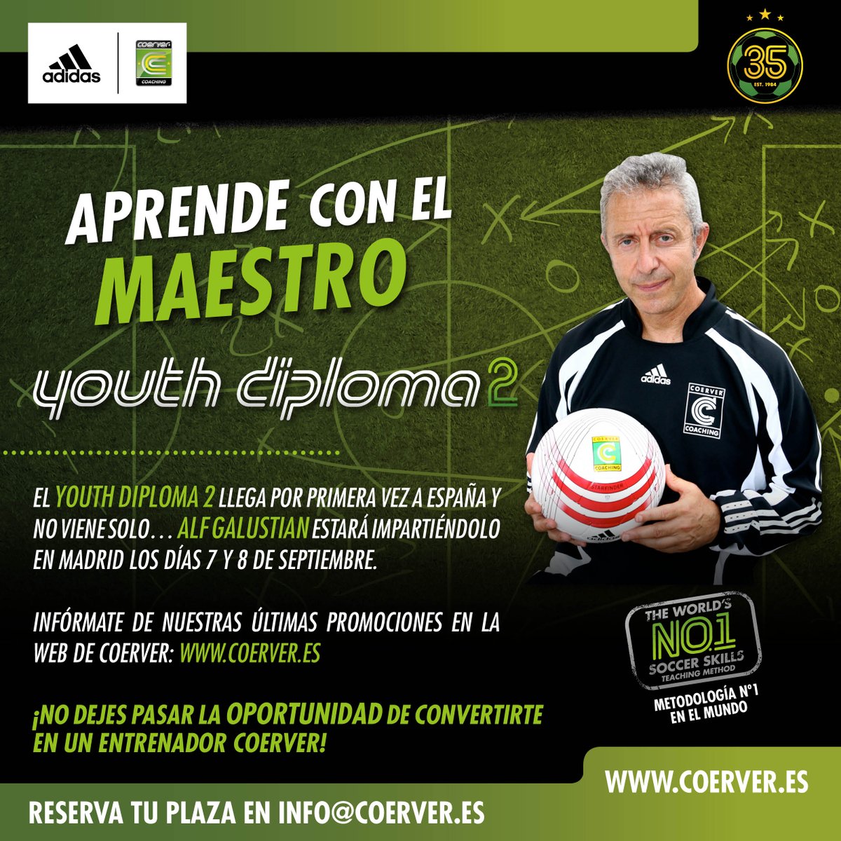 CoerverSpain's tweet image. ‼Nunca antes en España‼ El #YD2 llega por primera vez a nuestro país de la mano del maestro #AlfGalustian, co-fundador y director internacional de #Coerver. No dejes pasar la oportunidad de convertirte en un #entrenador Coerver y apúntate antes de que se acaben las plazas⚽