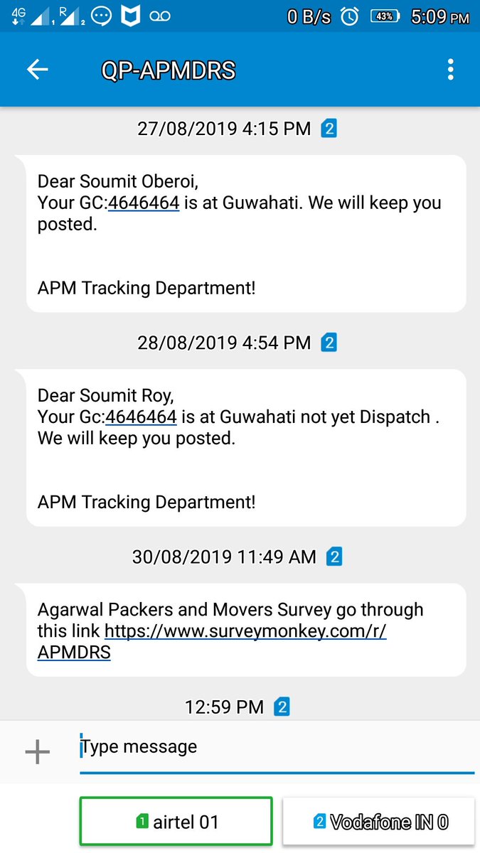 Shibaa7055's tweet photo. @DRSAgarwal Check the SMS you have sent stating items reached Guwahati on 27.08.19. However again today SMS received stating 5 items are in Siliguri regarding this your Kolkata team had informed me 5 days back. How long you'll take to deliver and how long it takes from Guwahati to Siliguri? https://t.co/Yxi6UoUKYj