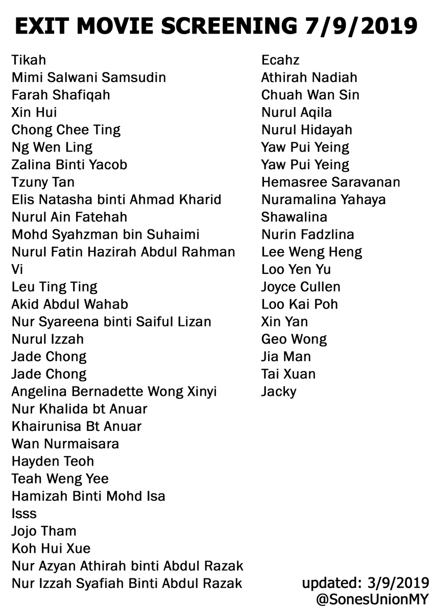 SonesUnionMY's tweet photo. Hello everyone that is going to attend #EXITwithYOONAinMY this Saturday, please check that if your name is on the list or not. If your name is not listed, please don't hesitate and send a Whatsapp message to 0109829805. https://t.co/bp2S7vH9Vr