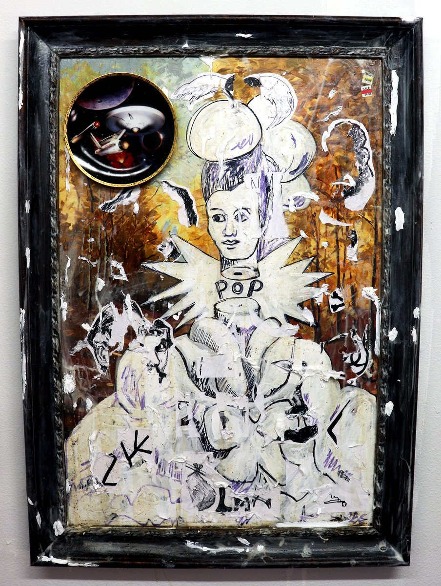 "Dreams Cum Tru" (Born Again Labor Museum) - acrylic, Sharpie, collage, commemorative Star Trek collector's plate, coffee, cotton, ash on thrift store canvas with hard hat, table, paint, mixed media, clipboard, paper.