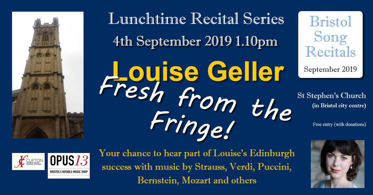 If you're in Bristol tomorrow, our lunchtime recital is unmissable! Fresh from the Edinburgh Fringe, <a href="/louise_geller/">Louise Geller</a> sings popular and fun-filled arias and songs. 1.10pm start. Free entry to <a href="/Saint_Stephens/">Saint Stephens</a>! 

<a href="/BristolOpera/">Bristol Opera</a> <a href="/operainabox/">Opera in a Box</a> <a href="/stgeorgesbris/">St George's Bristol</a> <a href="/Colston_Hall/">New name: Bristol Beacon</a> <a href="/BBCRadio3/">BBC Radio 3</a>