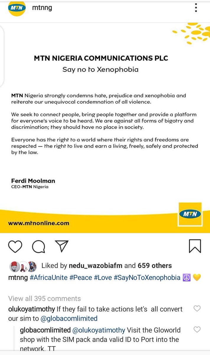 opeholistic's tweet photo. #EndXenophobia 
#NigerianLivesMatter
#PortToGlo #leaveMTN .
Can GLO's capacity accommodate all millions of subscribers coming straight to @GloWorld ? Glo please employ more workers ...quickly...
See this quick gain for the indigenous telecom giant @GloWorld ...@abikedabiri https://t.co/WCVgpksaGv
