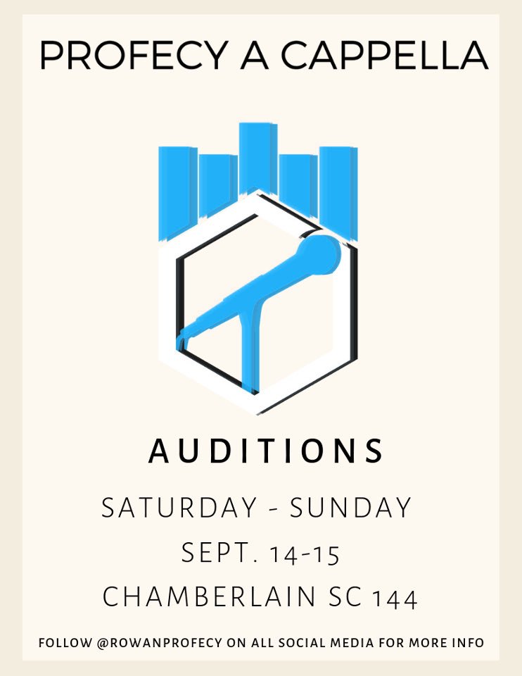 RowanProfecy's tweet photo. New semester means new members! We’re holding fall auditions for singers and vocal percussion Sept. 14 &amp; 15! For more info, check out our Facebook page! Any questions, feel free to contact us through our social media, or through theprofecyacappella@gmail.com. https://t.co/ffKCyhMHAI