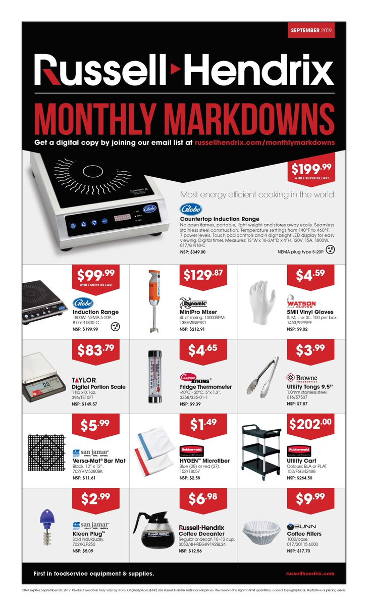 RHFoodEquip's tweet photo. September #MonthlyMarkdowns are here! Save on smallwares, equipment, cleaning and safety items and much more. Pick up yours today before they’re gone! https://t.co/Pxxmb0lA5G