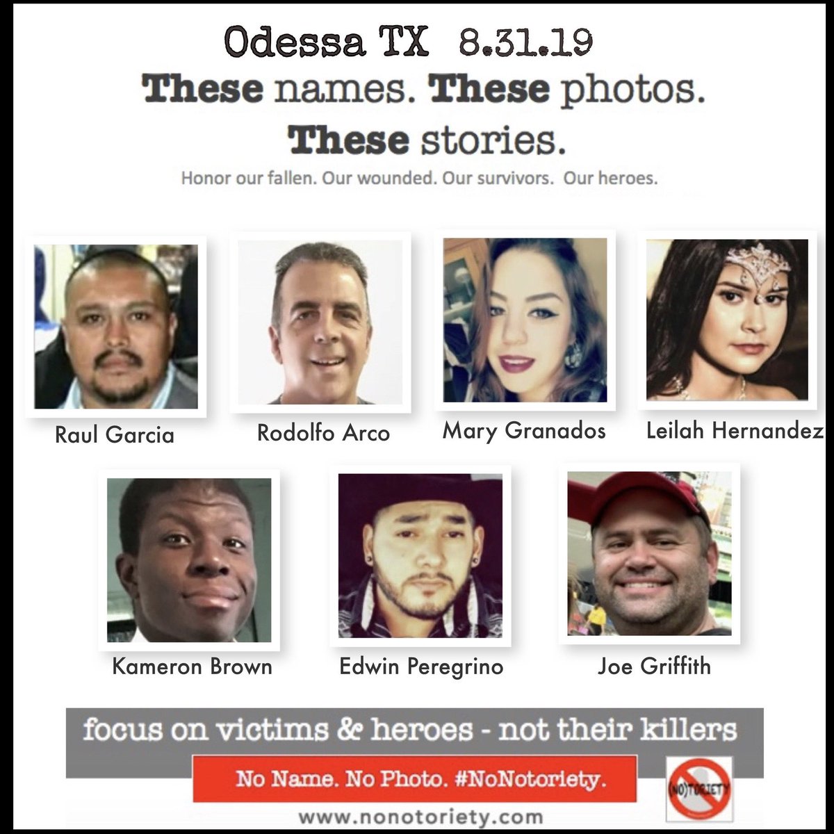 Remember our fallen, our wounded, our survivors, our heroes - not their killer. 

#Odessa #nonotoriety #mediaresponsibility