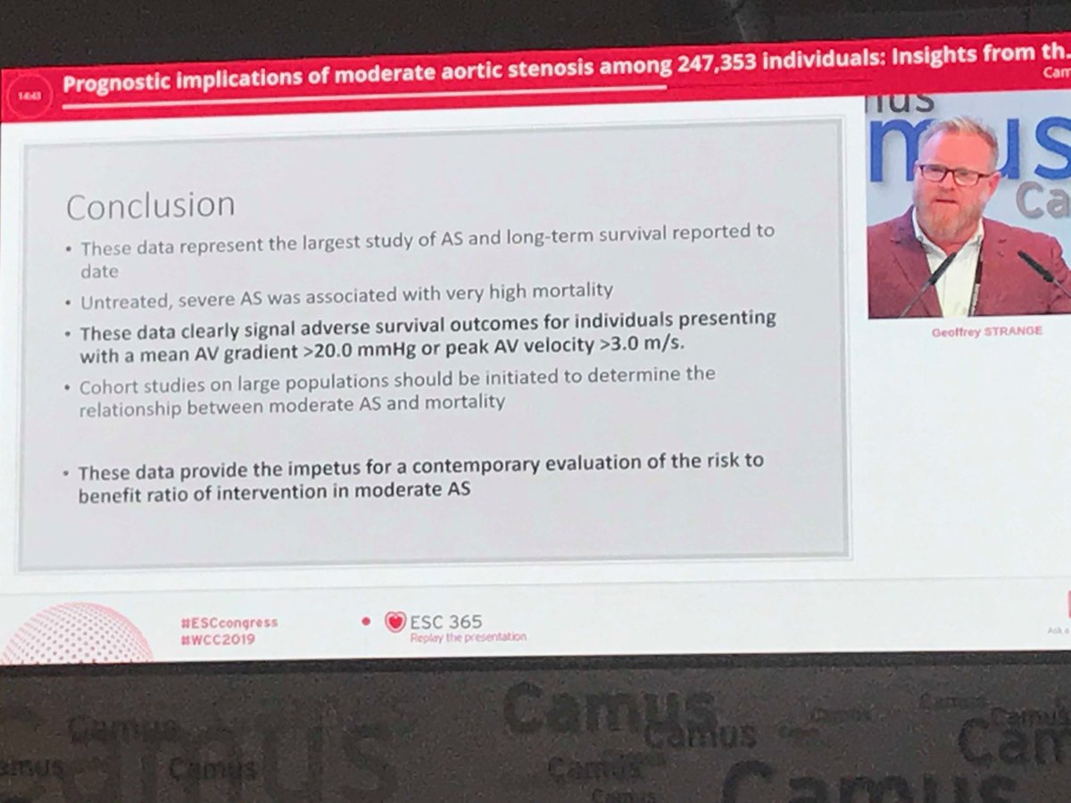 JamesDThomasMD1's tweet photo. Late breaker at #ESCcongress2019 : analysis of echo data from 200K+ pts in Australia suggests moderate AS impacts survival as much as severe AS. Out in JACC today. Should we revaluate timing of intervention? ⁦@NMCardioVasc⁩ ⁦@ASE360⁩ https://t.co/HecJSqkaQ7