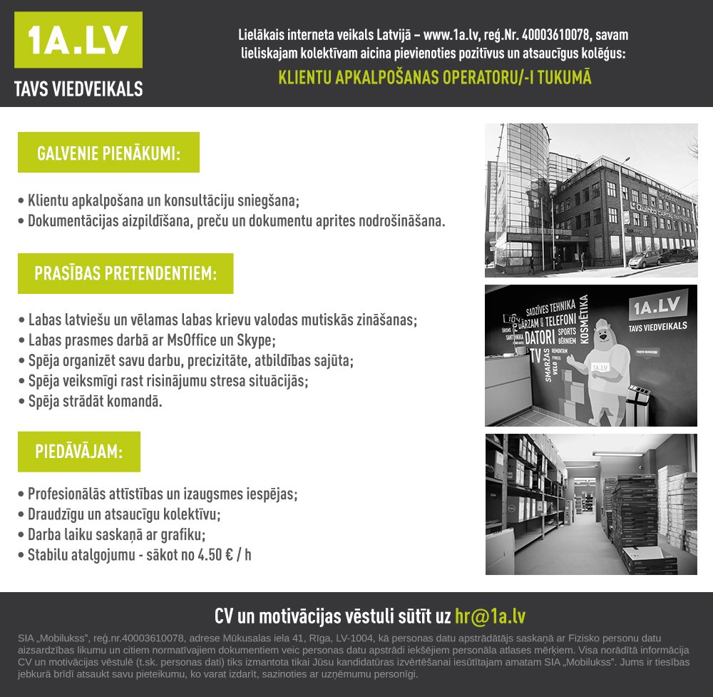 🎉NĀC STRĀDĀT 1a - Your Smartstore par klientu apkalpošanas operatoru/-i Tukumā! 🎉
Sūti savu CV un motivācijas vēstuli 👉 hr@1a.lv 👈 un tiksimies pārrunās ! 🤩
#teirdarbs #darbs #vakance #noliktavasdarbinieks