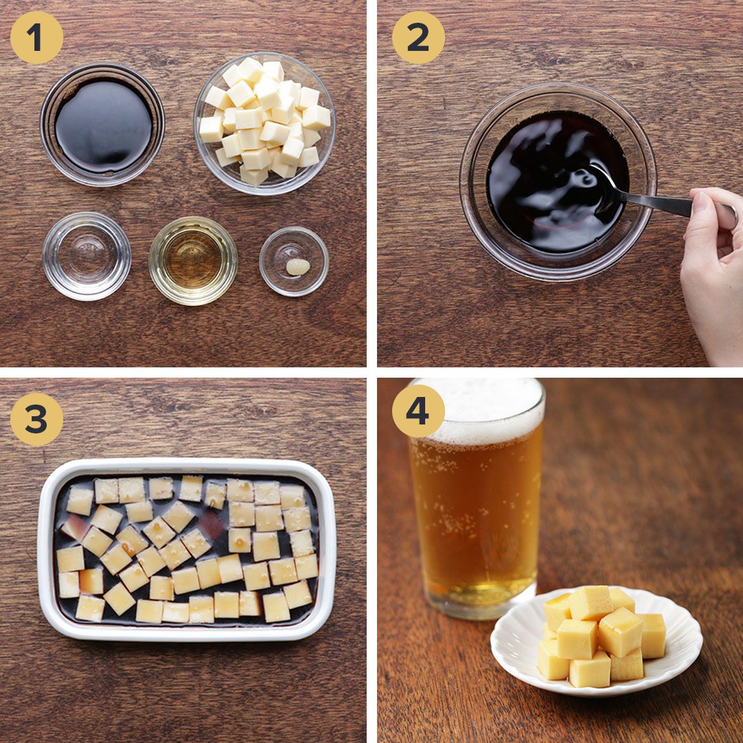 Tasty Japan お酒が進む チーズのガーリック醤油漬け の作り方 耐熱ボウルに酒とみりん各50ml しょうゆ 100ml おろしにんにくを入れてかき混ぜ 600wの電子レンジで1分30秒加熱して粗熱を取る プロセスチーズをサイコロ状に切って保存容器に入れ 漬け