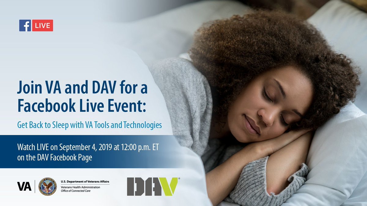 VeteransHealth's tweet image. TOMORROW at 12 noon ET: Join us on @DAVHQ’s Facebook page to learn more about the link between poor sleep and more serious issues, as well as VA tools and technologies that can help Veterans get the sleep they need. bit.ly/2TWgniR 
#BackToSleep