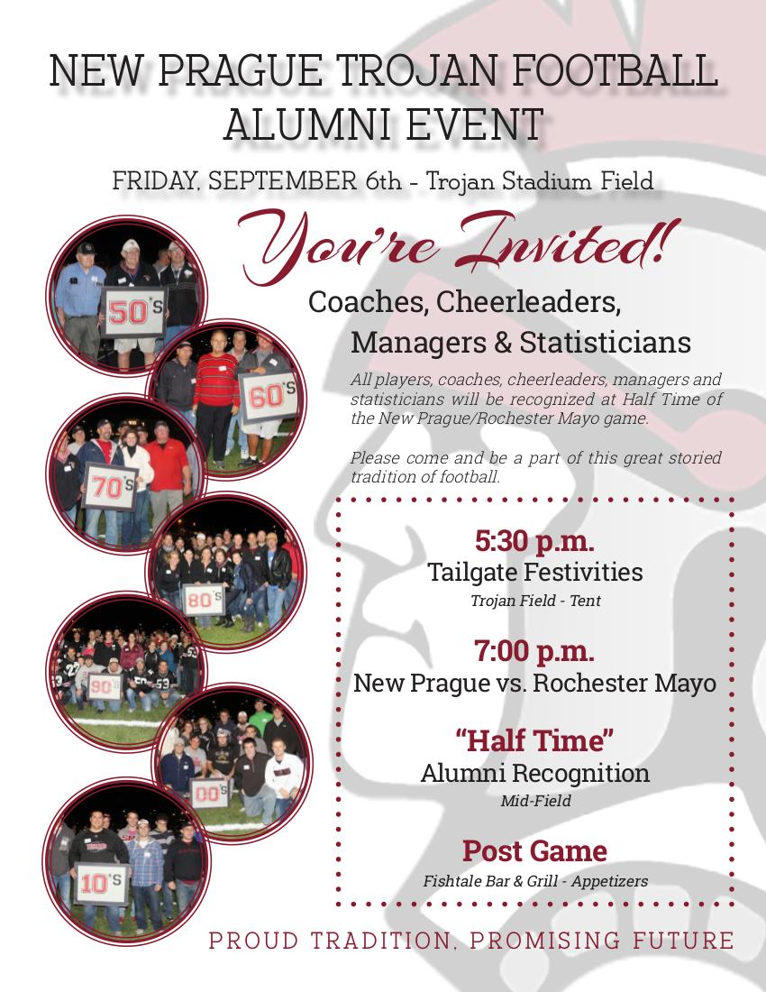 NewPragueFB's tweet photo. ALUMNI- we want to invite all Trojan Football alumni to join us this Friday for a special welcome as part of the game against Rochester Mayo! https://t.co/h5O0rSEn7d
