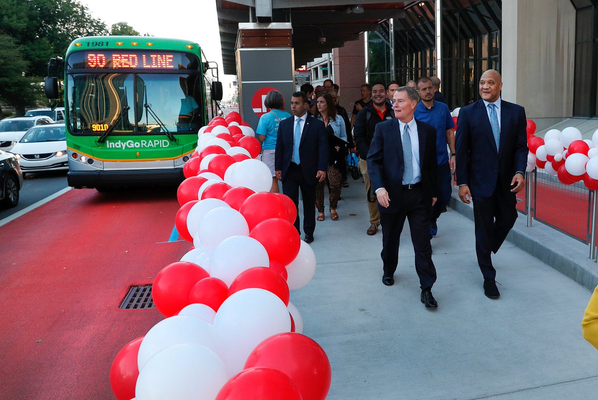 Indianapolis <a href="/IndyMayorJoe/">Mayor Joe Hogsett</a>  and Congressman André Carson <a href="/RepAndreCarson/">André Carson</a> exit the <a href="/IndyGoBus/">IndyGo</a> Red Line bus on their way to the opening celebration on the south lawn of the Indiana State House on Tuesday, Sept. 3, 2019. <a href="/indystar/">IndyStar</a> #RedLine
