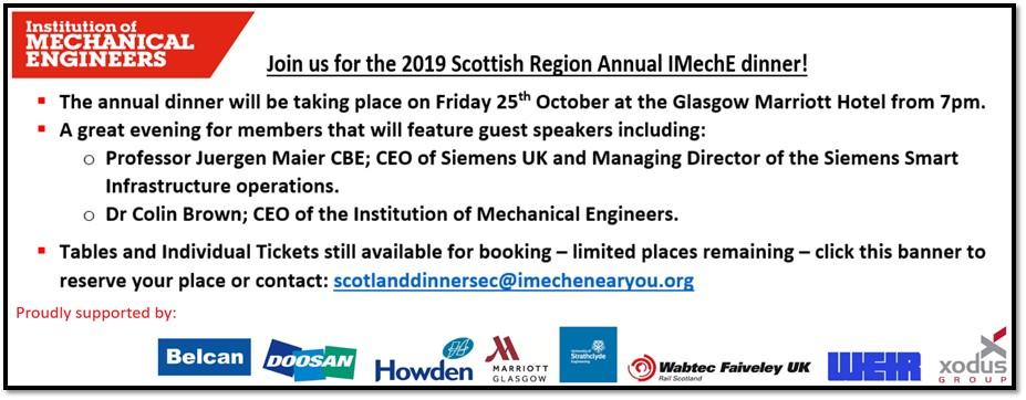 IMechEGlasgow's tweet photo. Join us for the 2019 Scottish Region Annual IMechE dinner.  25/10/19 Glasgow Marriot Hotel.  Guest speakers Juergen Maier and Dr Colin Brown 
to book your ticket: https://t.co/7Sij38qsOJ? https://t.co/QSeEOI3qbM