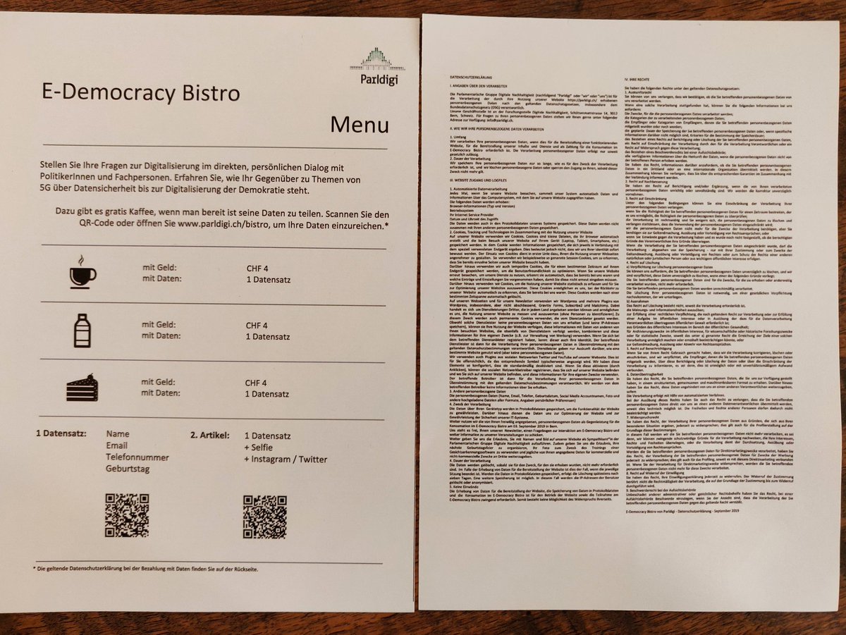 KunoKunz's tweet photo. Am E-Democracy Bistro kann man auch mit seinen Daten bezahlen. Bitte Datenschutzerklärung beachten! #Digitaltag19 #DigitaltagBern https://t.co/Kg55c50Nrh