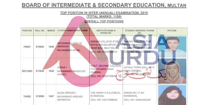 asiaurdu1's tweet image. انٹرمیڈیٹ پوزیشن ہولڈرز کے ناموں کا اعلان کر دیا گیا۔۔۔
#Result 
#BISEMultanBoard

asiaurdu.com/article.php?ne…