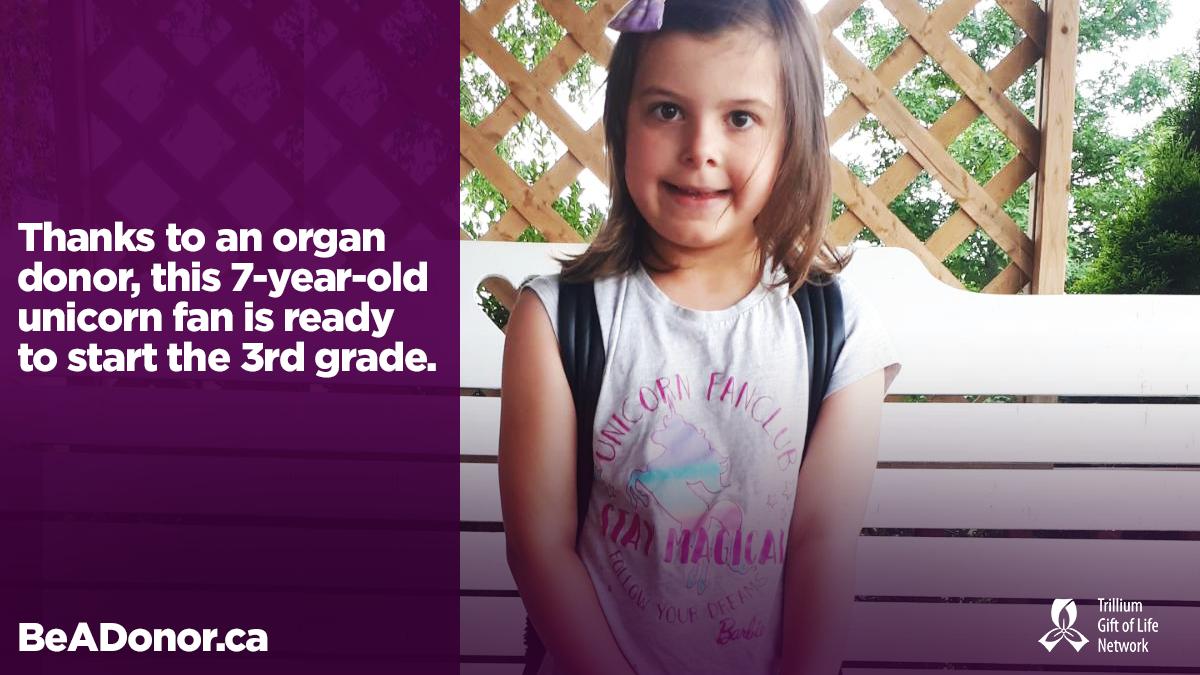 TrilliumGift's tweet image. Thanks to an organ donor, 7-year-old Gracie – a proud member of the unicorn fan club – is ready to start the 3rd grade. You too can one day give the gift of life and help someone like Gracie “stay magical” by registering as an organ and tissue donor at: BeADonor.ca