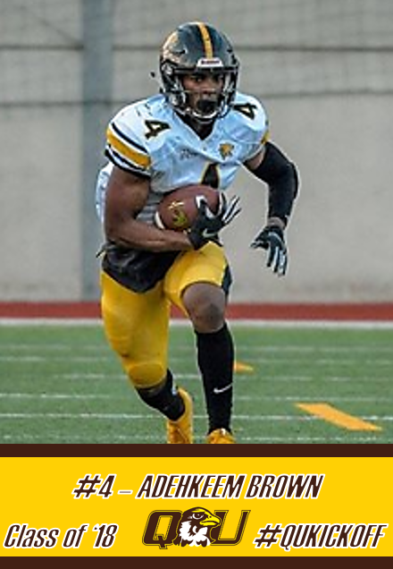 QUHawksFootball's tweet photo. Adehkeem Brown (@AB_normal5) holds the All-Time GLVC record with 14 INT's, was 3x GLVC & a D2 All-American Team. He is currently playing in Germany!Thank you for all you did for our program. 4 days until #QUKICKOFF! #PEWAV #FFF #RIGHTNOW https://t.co/bbfoYqhsLb