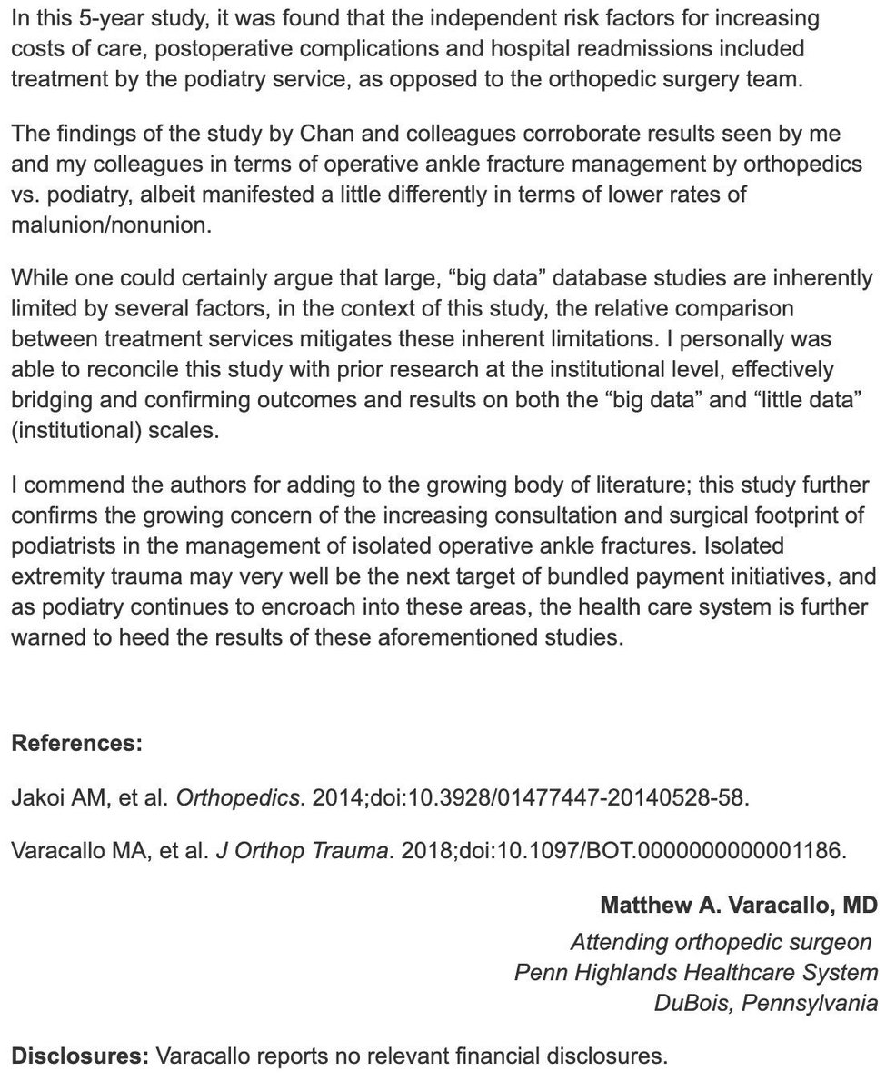 djvcity's tweet image. Honored to provide commentary for the article entitled, &quot;Lower Complication Rate Following Ankle Fracture Fixation by Orthopaedic Surgeons Versus Podiatrists&quot;

Commend Chan et al for a great review in J. @AAOS1 

@OrthoToday 
@pennhighlandshc 

Link:
healio.com/orthopedics/fo…