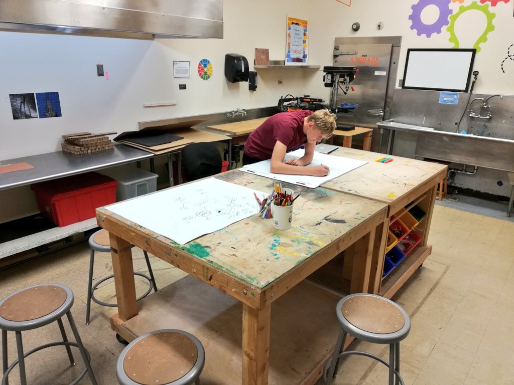 Grade 11 Design students create a rich picture for their empathic prototype project in Human Factors and Ergonomics: dumbbells, folding tables and new thermos openings in the making.