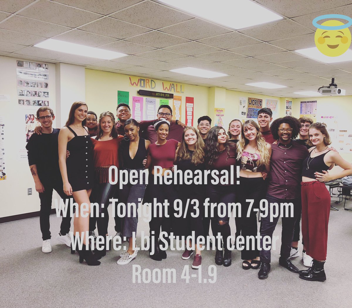 Good afternoon music people! We would like to remind everyone that we are having OPEN REHEARSALS this evening from 7-9pm in LBJSC 4-1.9 🎤 Come join us for some interactive music making and a little sneak peak of some music from the Echoes!!😱 I promise you won’t regret it!🤠