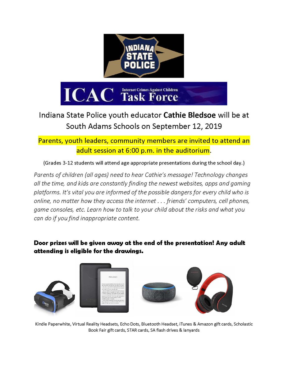 South Adams Schools We Will Give Out Door Prizes At The 6 P M Presentation Prizes Include A Kindle Paperwhite Virtual Reality Headsets Echo Dots Bluetooth Headset Itunes And Amazon Gift South Adams Schools We Will Give Out Door Prizes At The 6 P M Presentation Prizes Include A Kindle Paperwhite Virtual Reality Headsets Echo Dots Bluetooth Headset Itunes And Amazon Gift