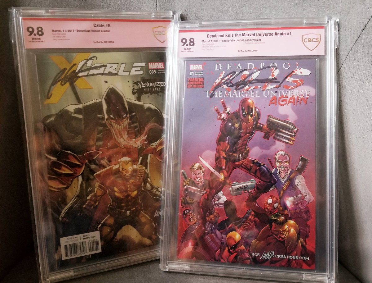 muted_anxiety's tweet photo. In my ordering haste, back in 2017, I didn't realize @robertliefeld provided the option of COA with signed comics. Flashforward to 2019 I packed these with me to #sdcc2019 (MO to CA), hit up the #CBCS booth, and now I have the dopeness sealed and verified. 🙌 #deadpool #cable https://t.co/MAFY0YDyHQ