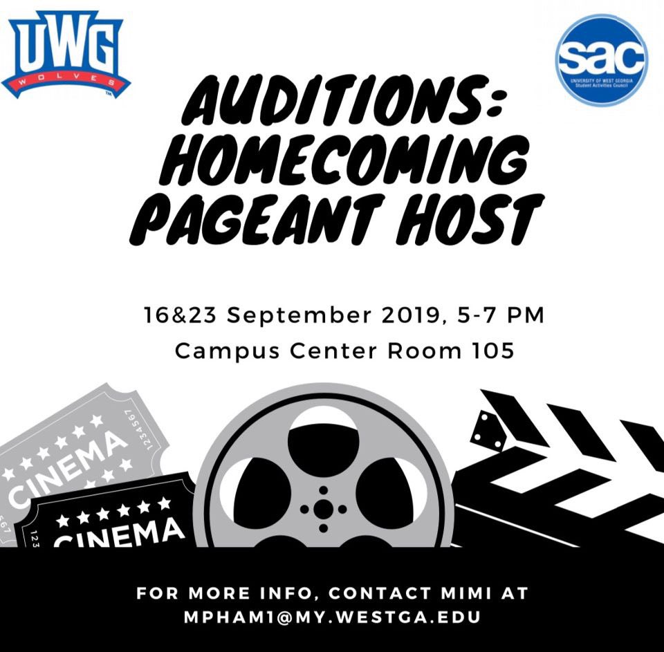 Entertainer? SAC is having auditions to find this years Homecoming Pageant Host! If you’re interested, sign up sheets for will be at the front desk in the CSI Office of the Campus Center! Homecoming Pageant is on October 9th from 8pm-10pm! #uwg19 #uwg20 #uwg21 #uwg22 #uwg23 #uwg