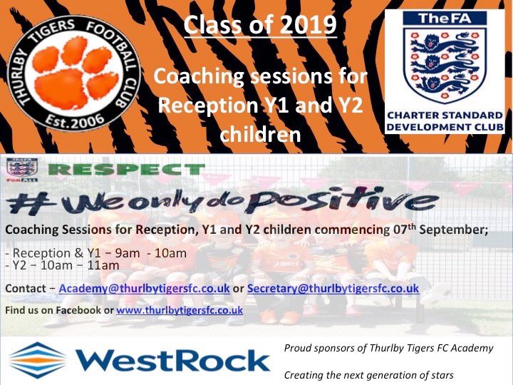 💥Reception, Y1 and Y2 Coaching sessions return...

Our U5,U6 academy sessions return this weekend, 9:00am at Lawrance Park

U7 also recommencing 10am start

All sessions are run by qualified coaches.

#Academy #FootballFun #Futsal #WelfareFirst #Development #TigerFamily