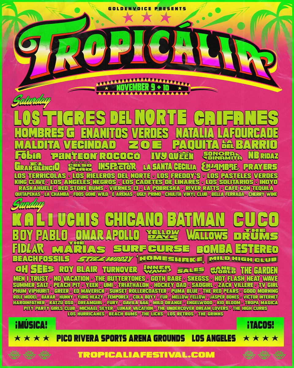 goldenvoice's tweet photo. Tunes, tacos, and good times 🌴💛🌮

@Tropicalia_Fest tickets go on presale Thursday 9/5, and on sale Friday at 12pm PT
Single day or weekend passes available. Just $19.99 down when you opt into the payment plan. 

More info at https://t.co/X7s9wHydAX https://t.co/N8C8U5tLuK
