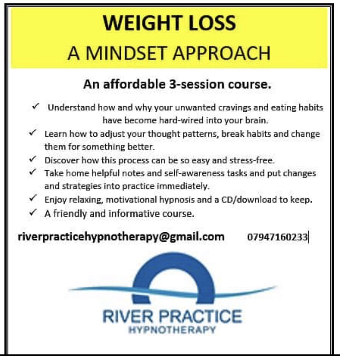 riverpractice32's tweet image. Learn to take calm control of your mind around food in all situations, so willpower is no longer required.
Learn how to adjust your thought patterns, break habits and change them for something better. £65. No weigh-ins, no prescribed diets. In Wadebridge 21, 28 Sept &amp;amp; 5 Oct